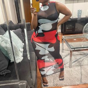 Worth it - black mesh dress w/ red/blue abstract